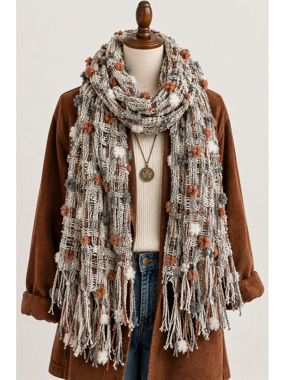 Boho Art Yarn Scarf Textured Gray Rust Fringe Artisan Eclectic Womens Statement